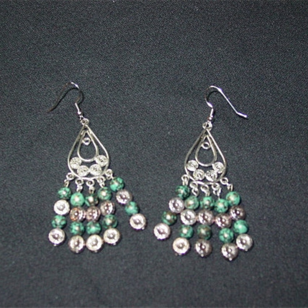 Silver Metal Flower Green Beads Earrings